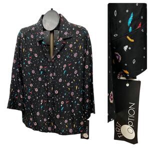 Deadstock Vintage Black Feather Abstract Print Blouse Shirt Top / Large *